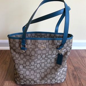 Like new! Coach signature bag, tan/teal